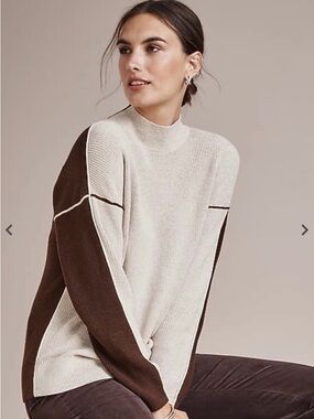 J Jill Ribbed Color-Blocked Sweater, XS, Sandbar heather/Chocolate heather